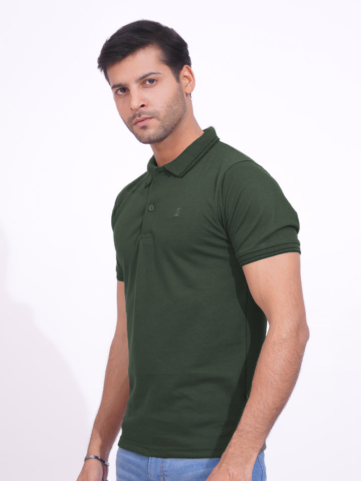 Dark Green Plain Contrast Tipping Half Sleeves Polo T-Shirt (POLO-718)