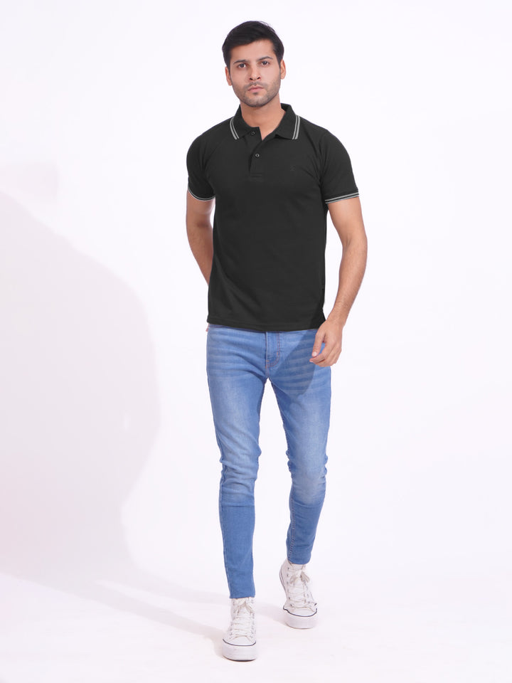 Black Plain Contrast Tipping Half Sleeves Polo T-Shirt (POLO-722)