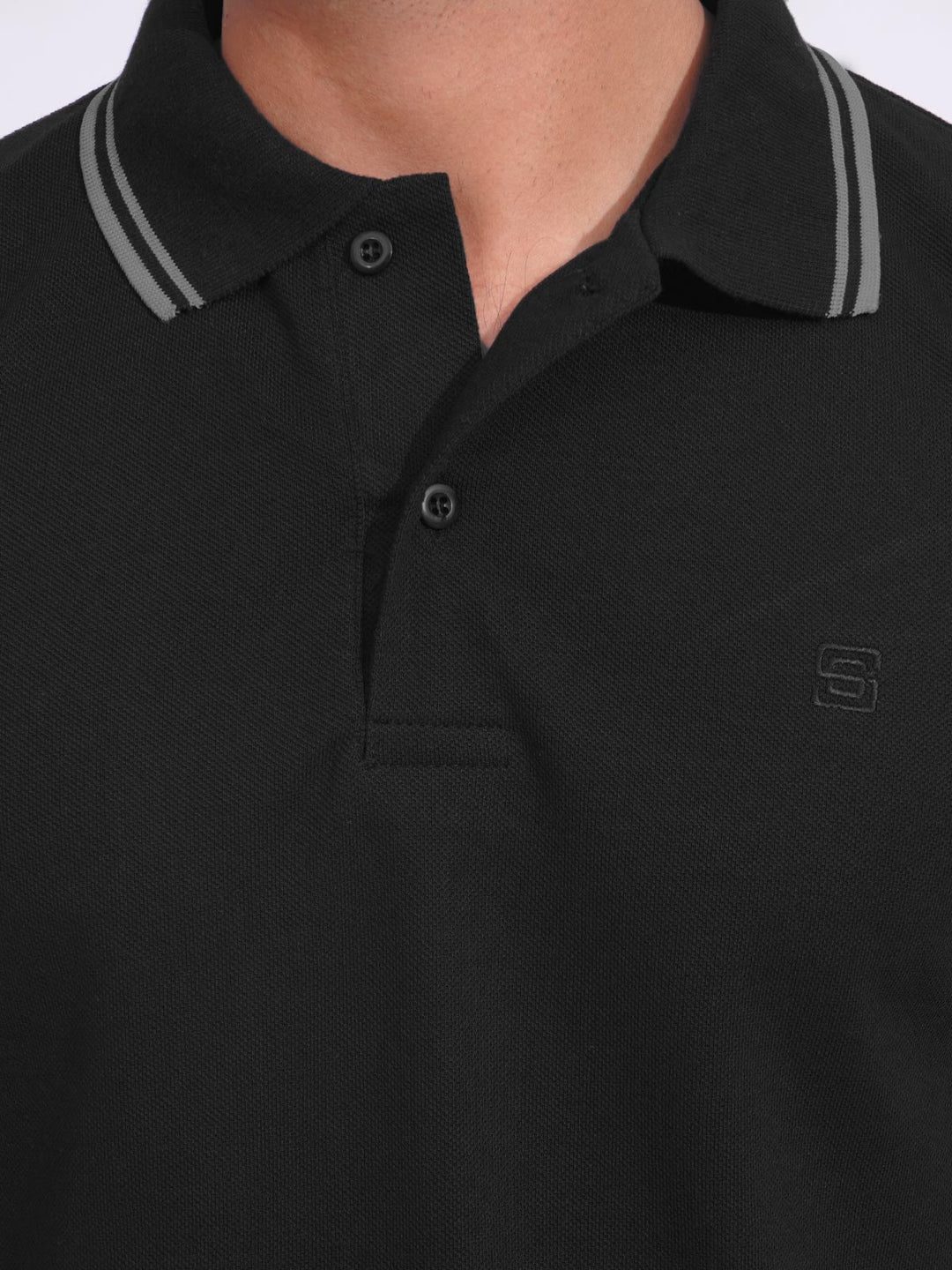 Black Plain Contrast Tipping Half Sleeves Polo T-Shirt (POLO-722)