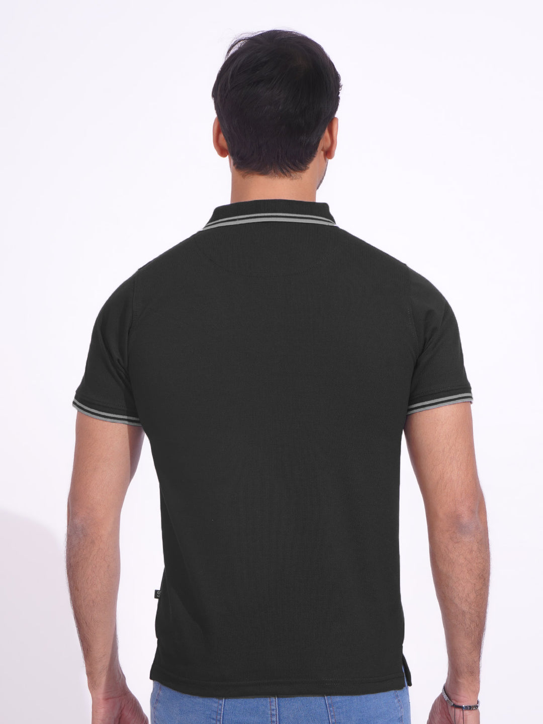 Black Plain Contrast Tipping Half Sleeves Polo T-Shirt (POLO-722)