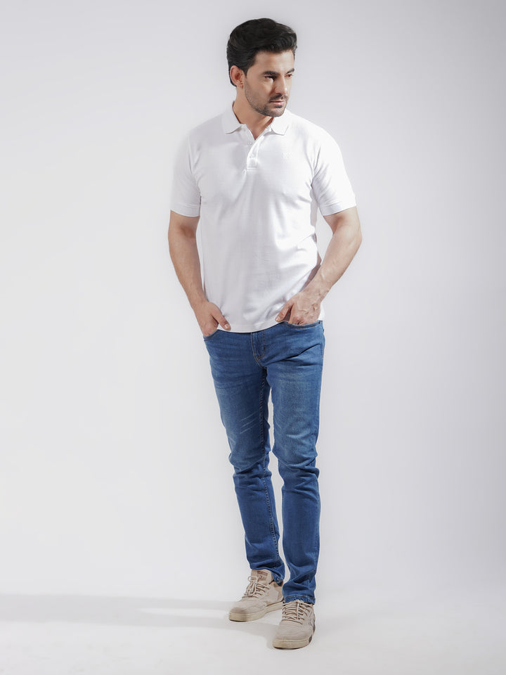 White Textured Half Sleeves Popcorn Polo T-Shirt (POLO-723)