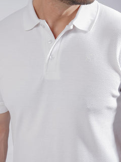 White Textured Half Sleeves Popcorn Polo T-Shirt (POLO-723)