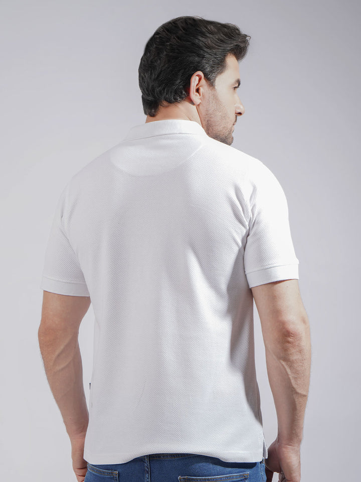 White Textured Half Sleeves Popcorn Polo T-Shirt (POLO-723)