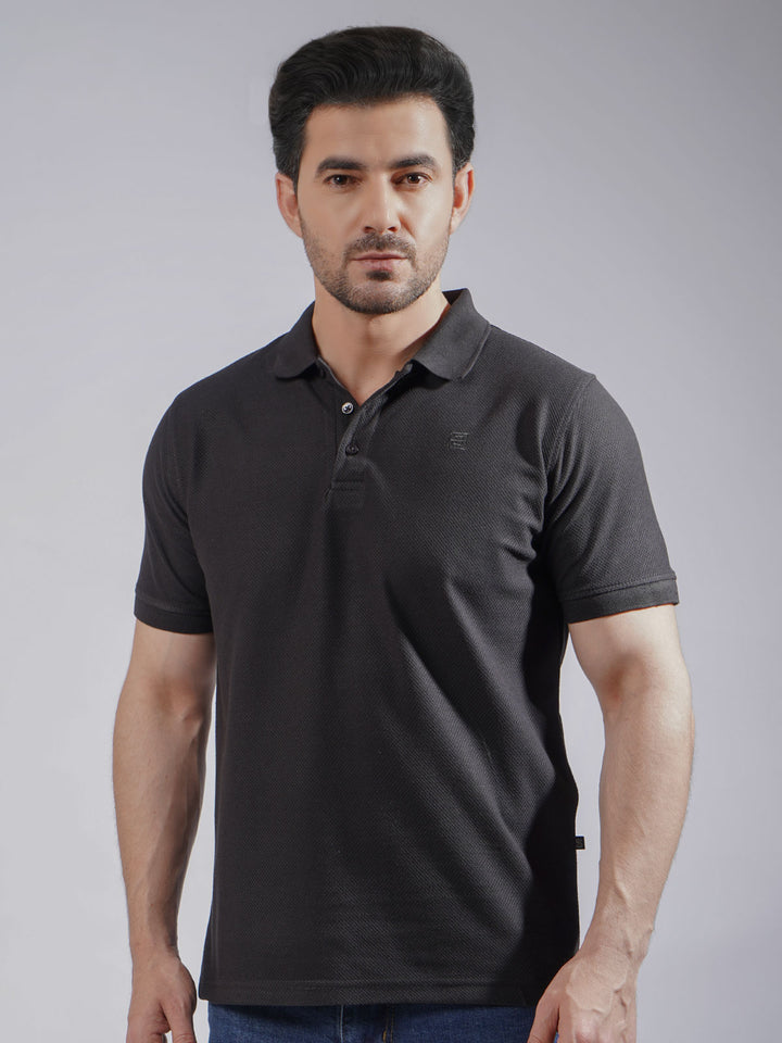 Black Textured Half Sleeves Popcorn Polo T-Shirt (POLO-724)