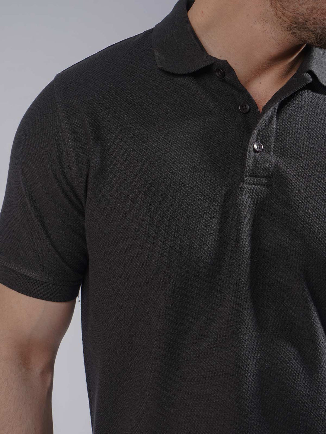 Black Textured Half Sleeves Popcorn Polo T-Shirt (POLO-724)