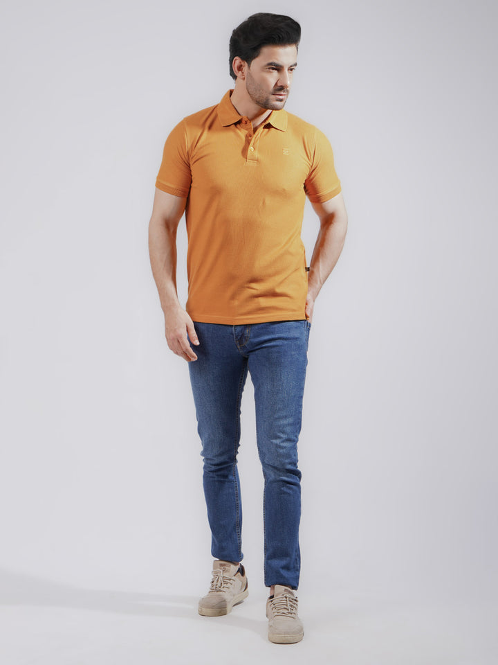 Mustard Textured Half Sleeves Popcorn Polo T-Shirt (POLO-726)