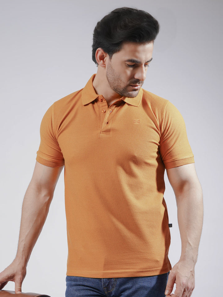 Mustard Textured Half Sleeves Popcorn Polo T-Shirt (POLO-726)