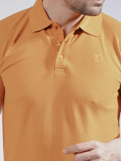 Mustard Textured Half Sleeves Popcorn Polo T-Shirt (POLO-726)