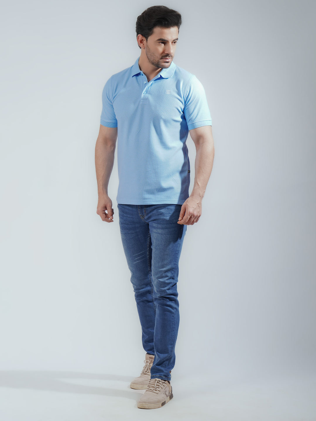 Sky Blue Textured Half Sleeves Popcorn Polo T-Shirt (POLO-727)