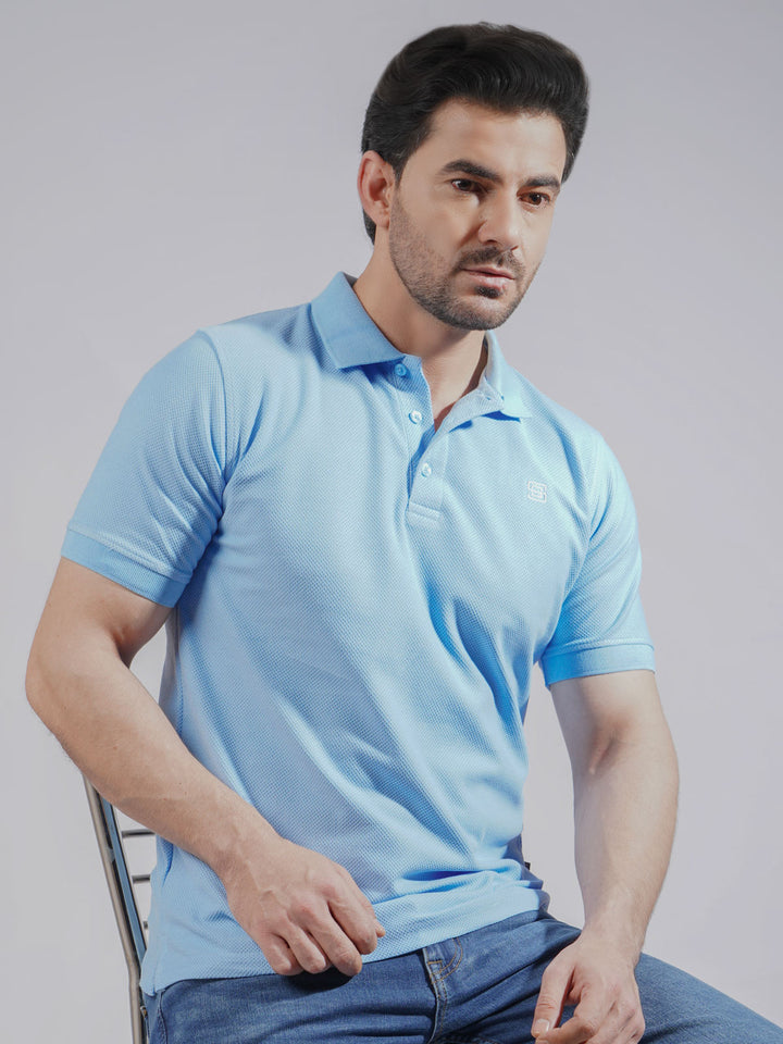 Sky Blue Textured Half Sleeves Popcorn Polo T-Shirt (POLO-727)