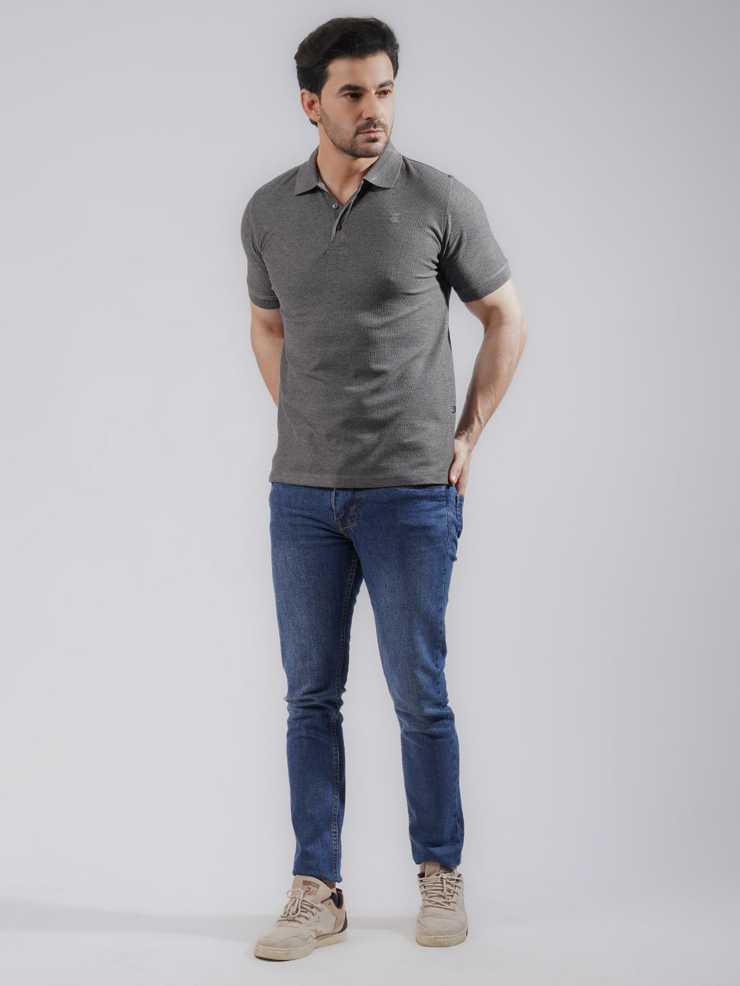 Charcoal Grey Textured Half Sleeves Popcorn Polo T-Shirt (POLO-728)