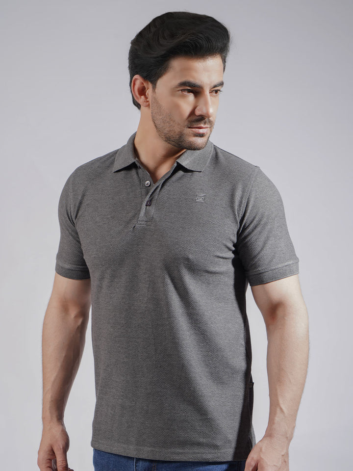 Charcoal Grey Textured Half Sleeves Popcorn Polo T-Shirt (POLO-728)