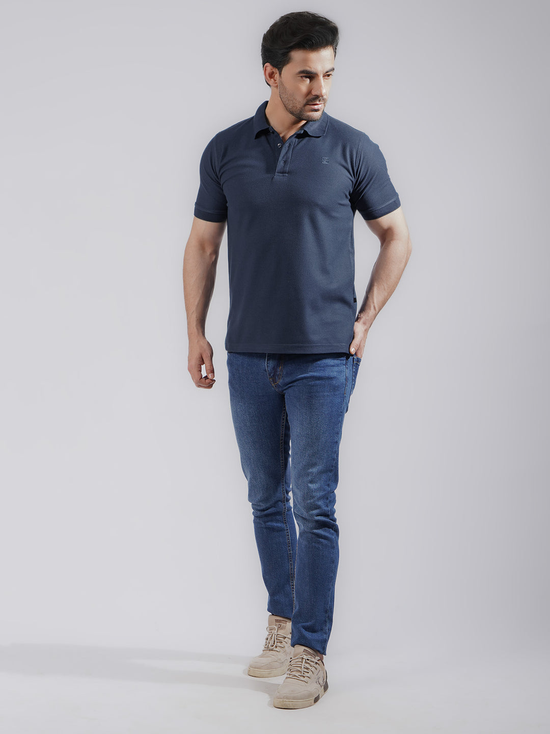 Navy Blue Textured Half Sleeves Popcorn Polo T-Shirt (POLO-729)