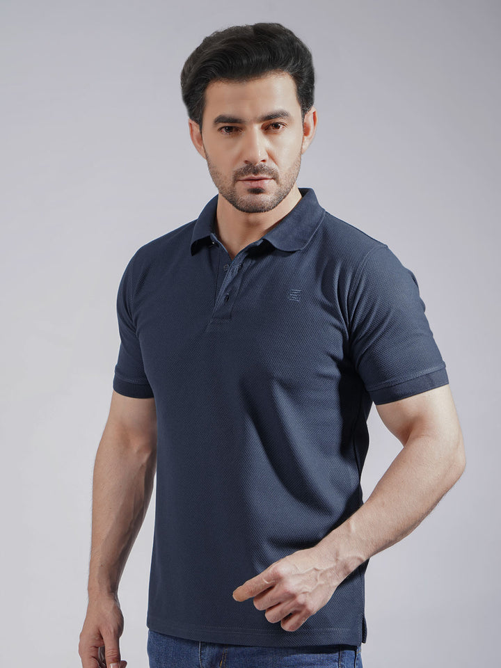 Navy Blue Textured Half Sleeves Popcorn Polo T-Shirt (POLO-729)