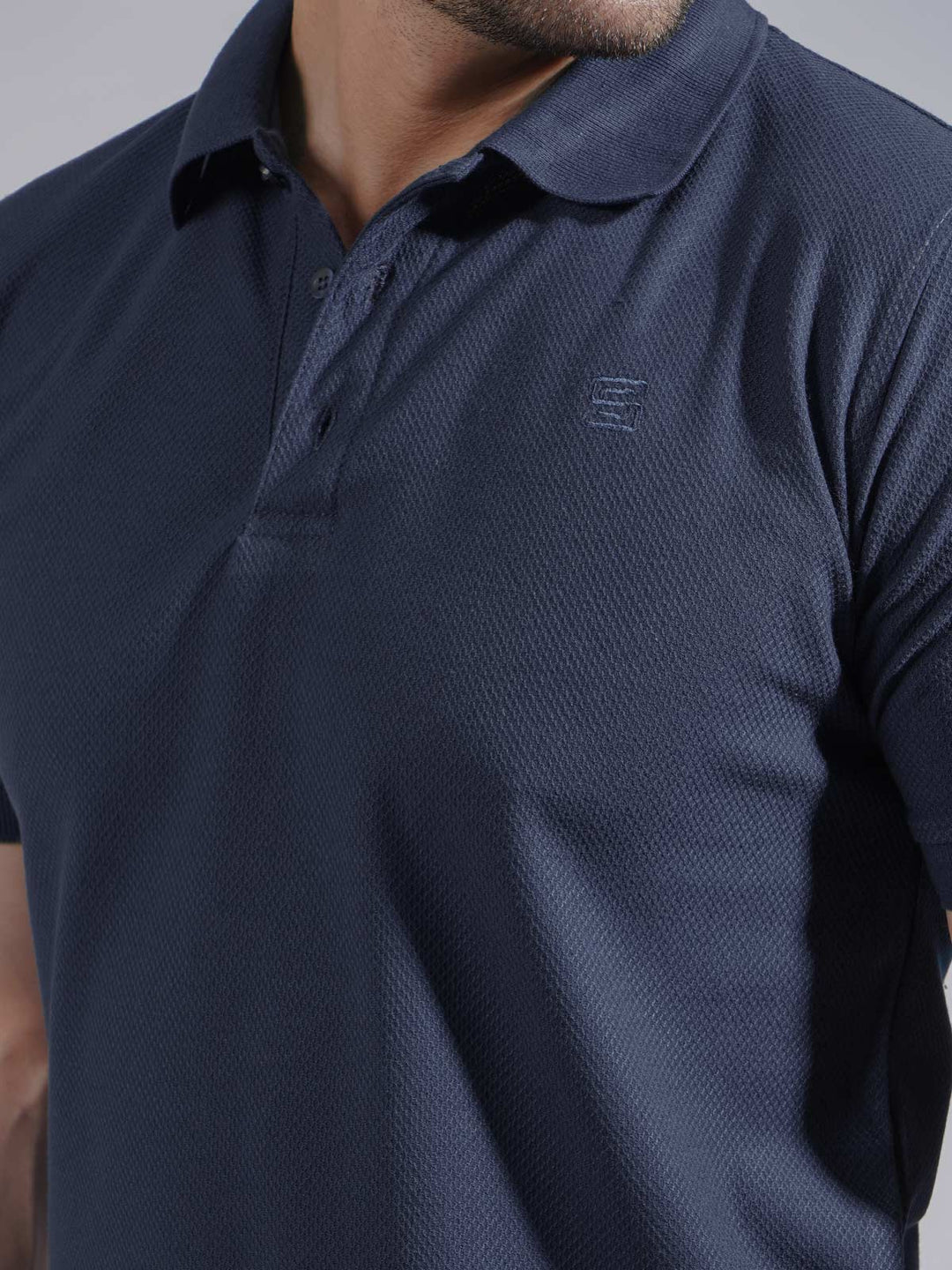 Navy Blue Textured Half Sleeves Popcorn Polo T-Shirt (POLO-729)