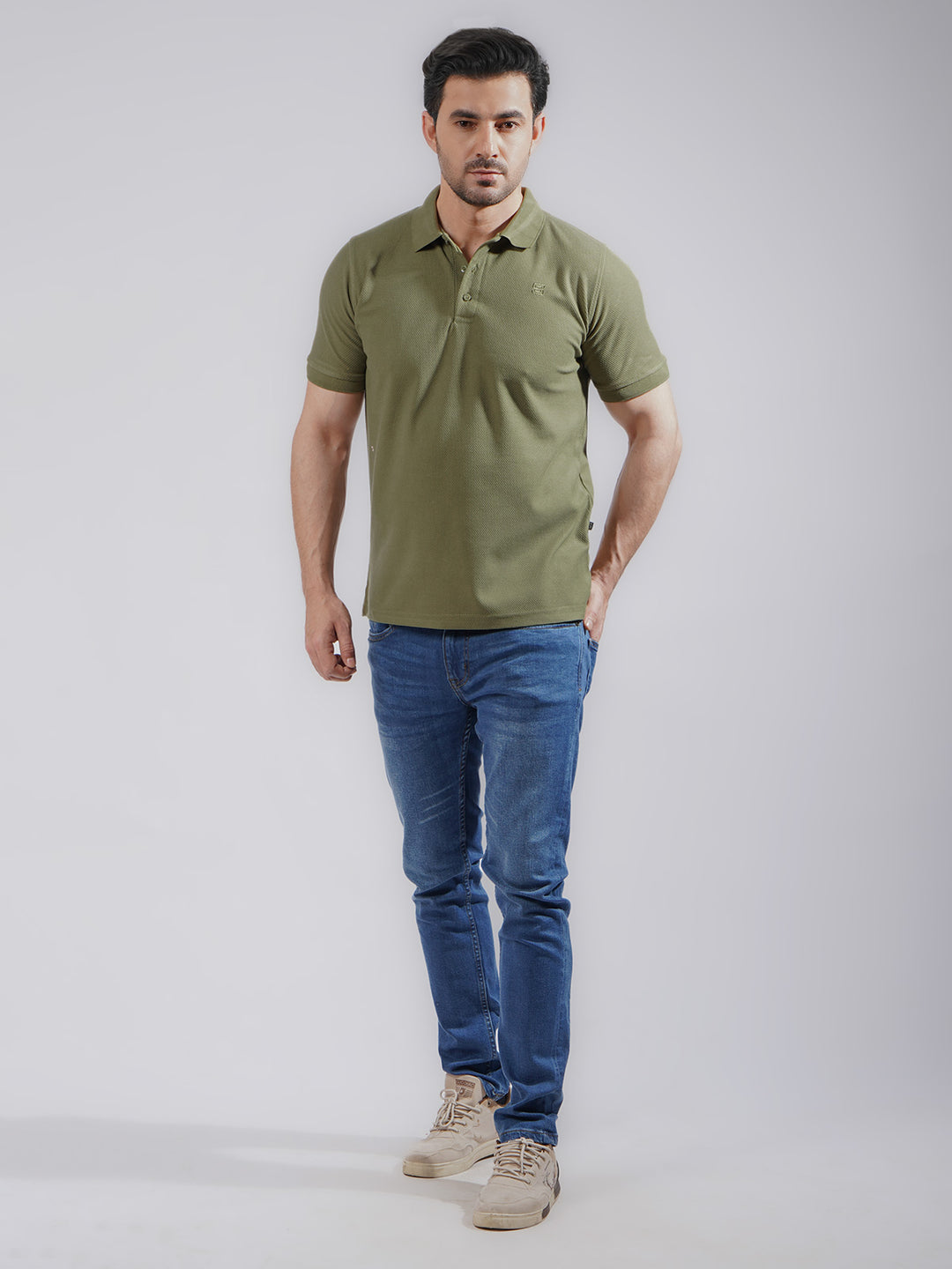 Olive Textured Half Sleeves Popcorn Polo T-Shirt (POLO-730)