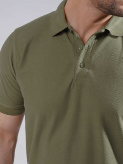 Olive Textured Half Sleeves Popcorn Polo T-Shirt (POLO-730)