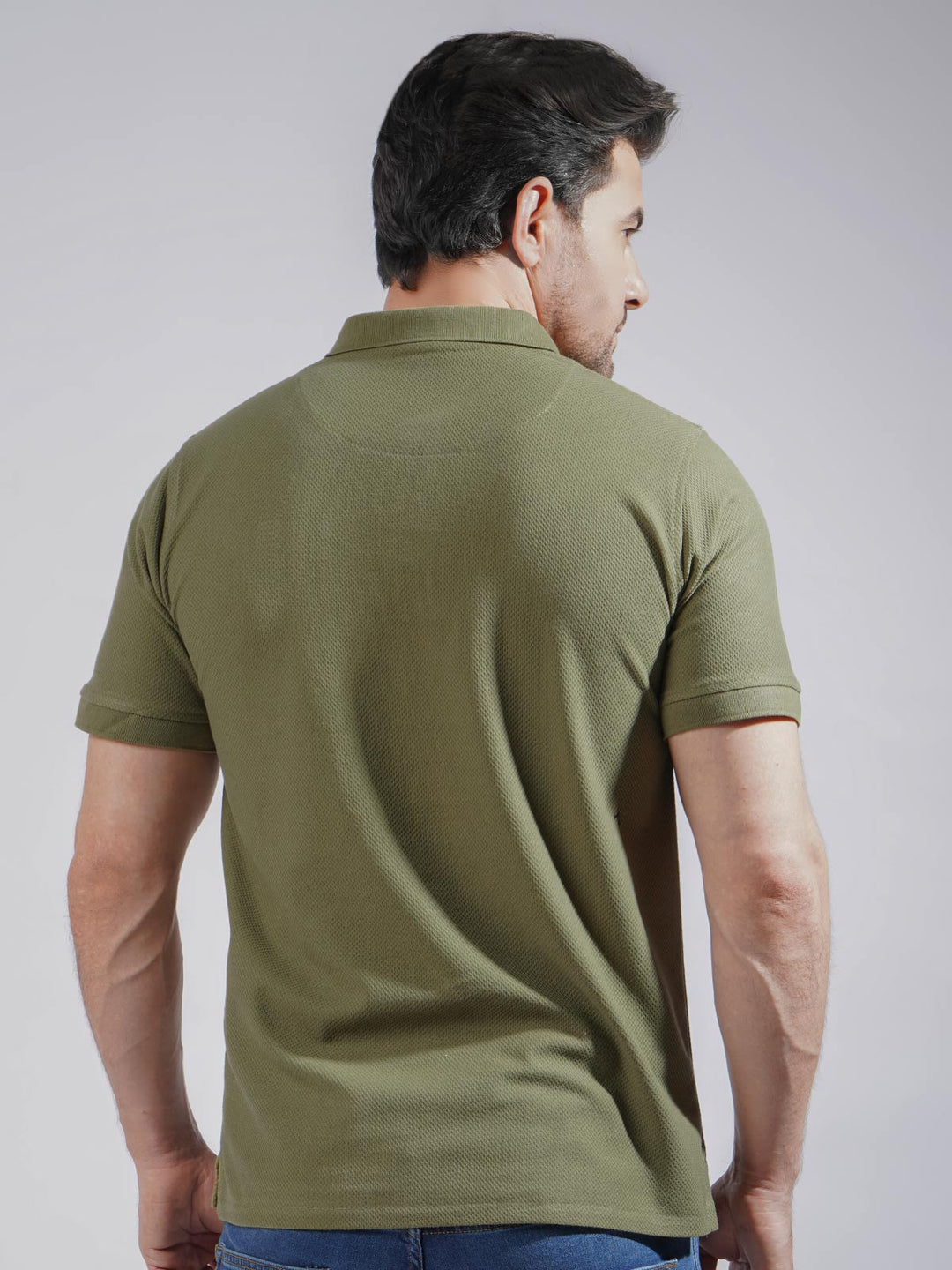 Olive Textured Half Sleeves Popcorn Polo T-Shirt (POLO-730)