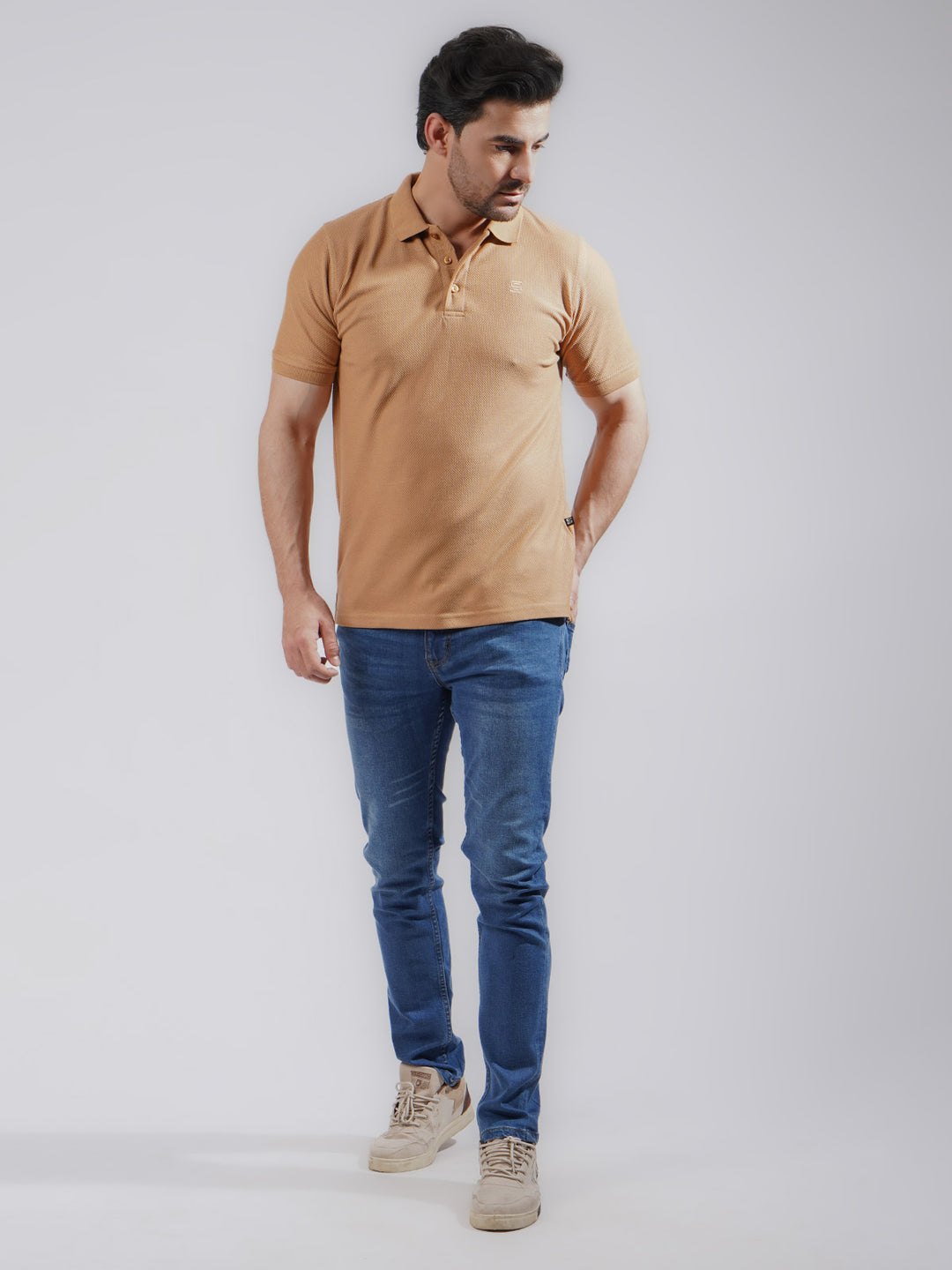 Khaki Textured Half Sleeves Popcorn Polo T-Shirt (POLO-731)