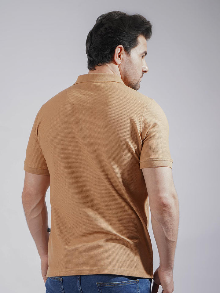 Khaki Textured Half Sleeves Popcorn Polo T-Shirt (POLO-731)