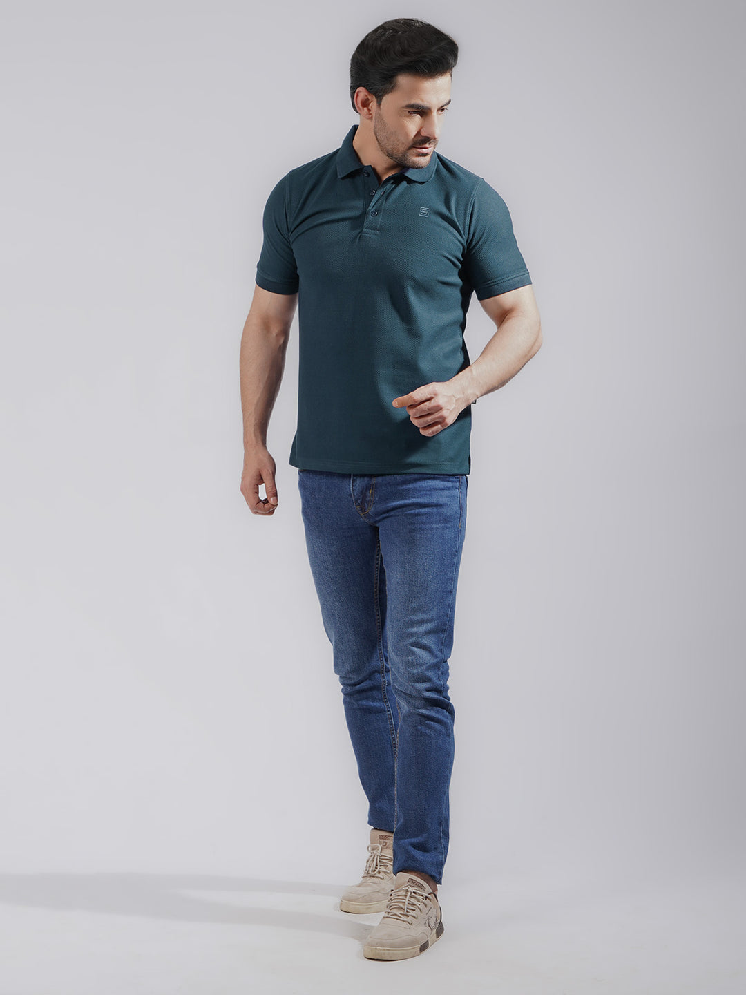 Persian Blue Textured Half Sleeves Popcorn Polo T-Shirt (POLO-732)