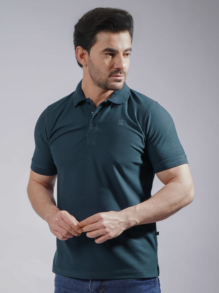 Persian Blue Textured Half Sleeves Popcorn Polo T-Shirt (POLO-732)