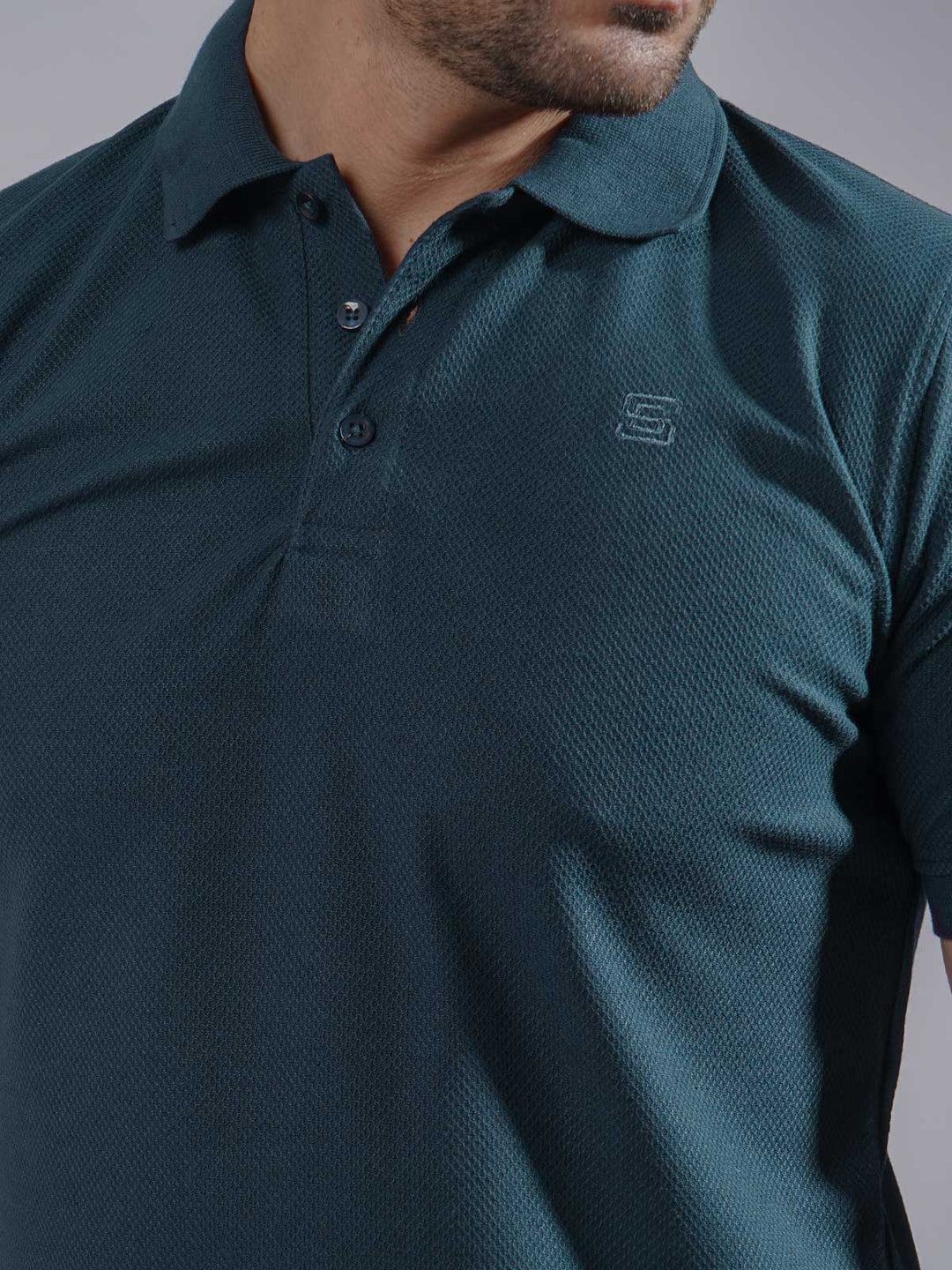 Persian Blue Textured Half Sleeves Popcorn Polo T-Shirt (POLO-732)