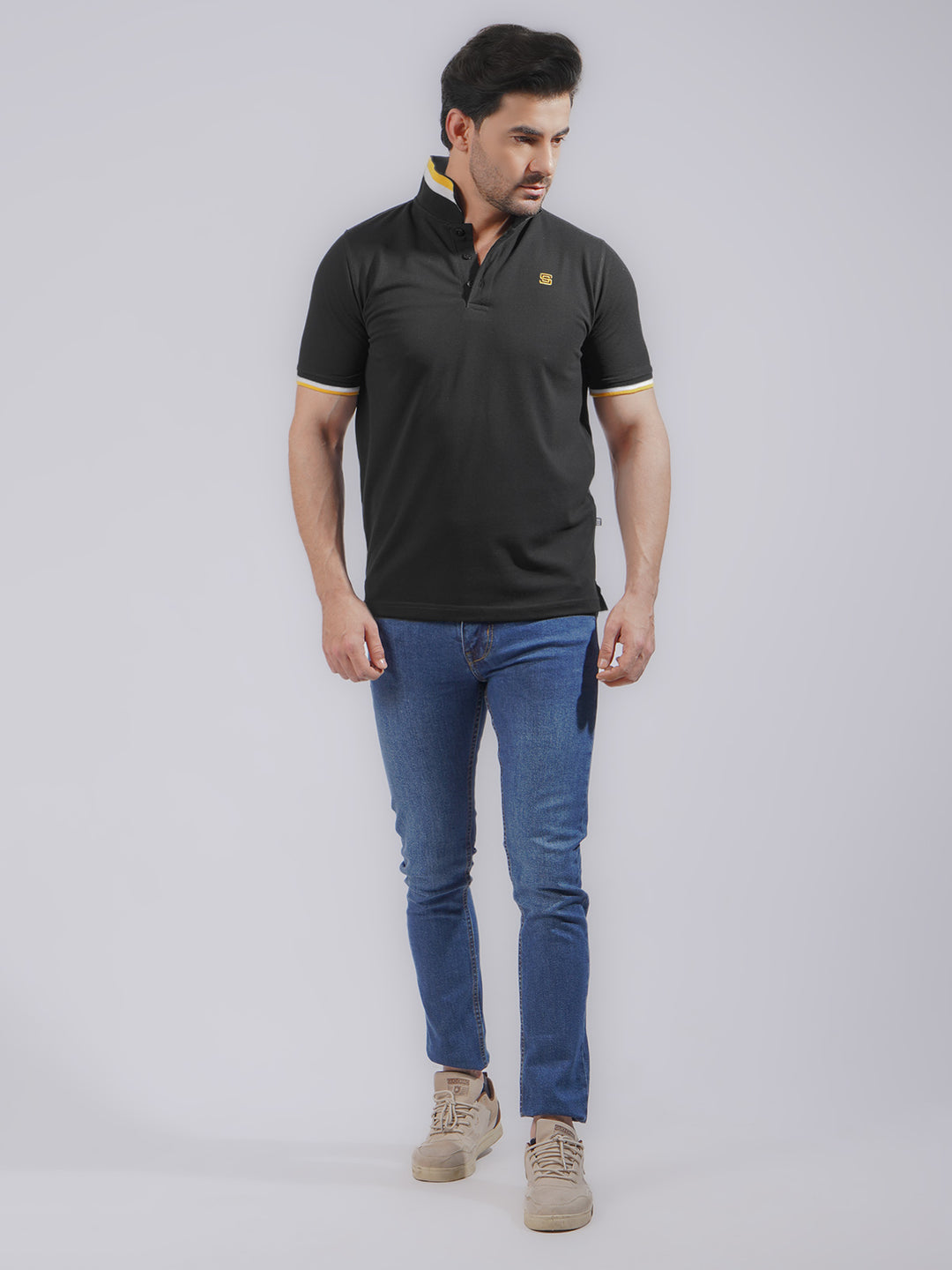 Black Plain Twin Contrast Half Sleeves Stretchable Cotton Polo T-Shirt (POLO-734)