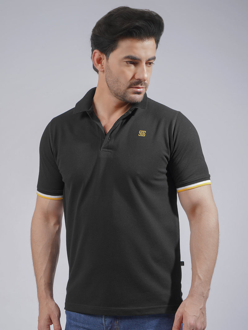 Black Plain Twin Contrast Half Sleeves Stretchable Cotton Polo T-Shirt (POLO-734)