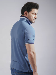 Classic Blue Plain Twin Contrast Half Sleeves Stretchable Cotton Polo T-Shirt (POLO-735)