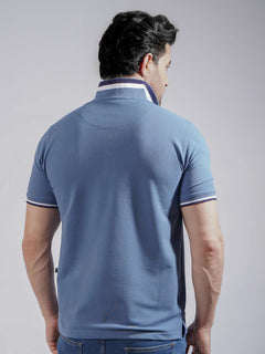 Classic Blue Plain Twin Contrast Half Sleeves Stretchable Cotton Polo T-Shirt (POLO-735)