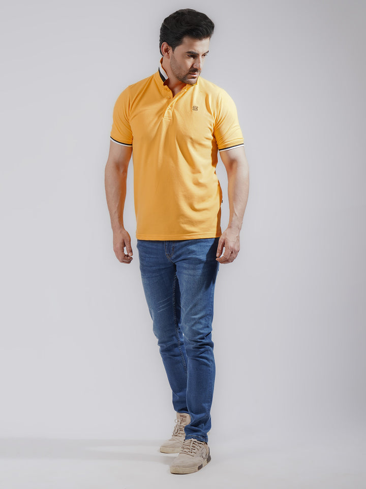 Golden Plain Twin Contrast Half Sleeves Stretchable Cotton Polo T-Shirt (POLO-736)