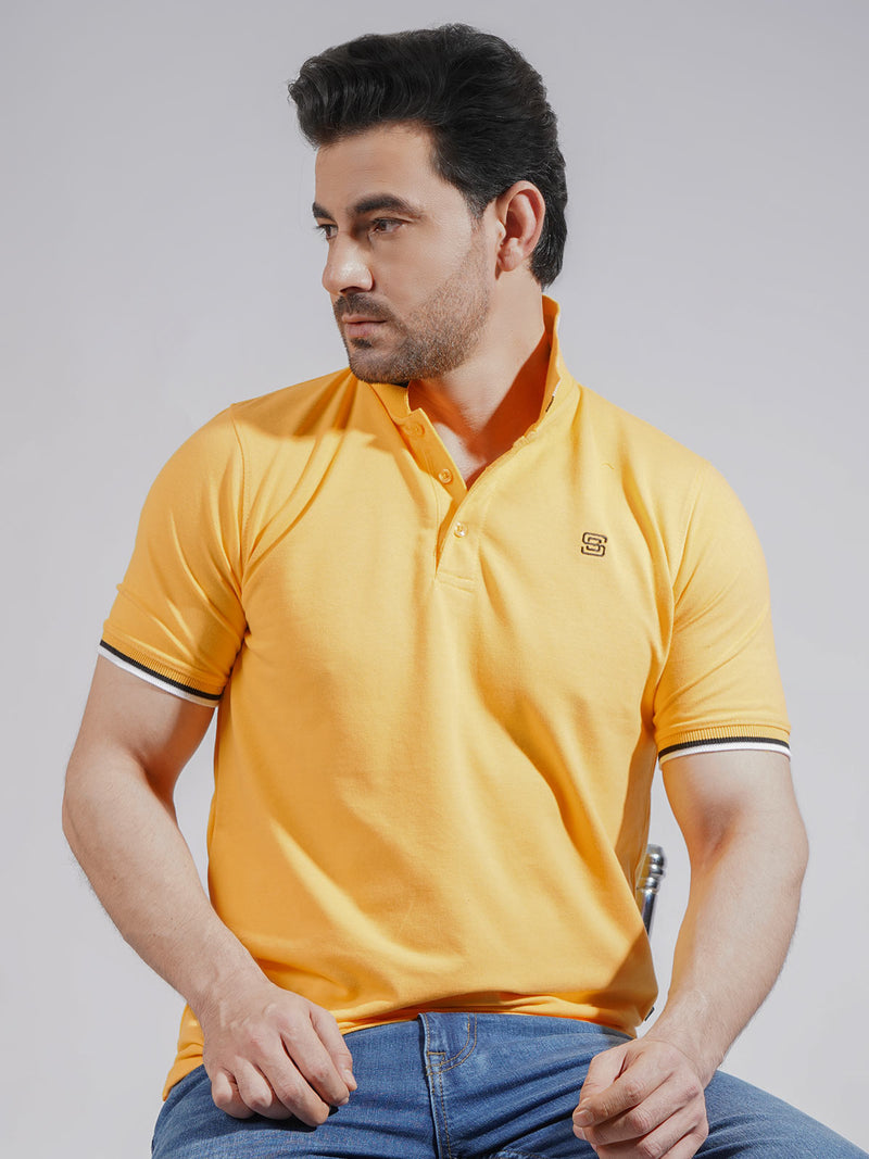 Golden Plain Twin Contrast Half Sleeves Stretchable Cotton Polo T-Shirt (POLO-736)