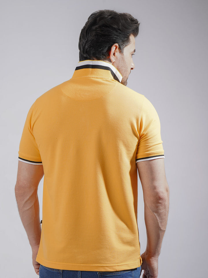 Golden Plain Twin Contrast Half Sleeves Stretchable Cotton Polo T-Shirt (POLO-736)