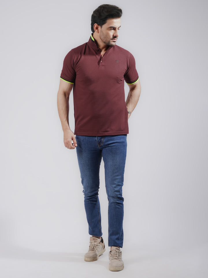 Maroon Plain Twin Contrast Half Sleeves Stretchable Cotton Polo T-Shirt (POLO-738)