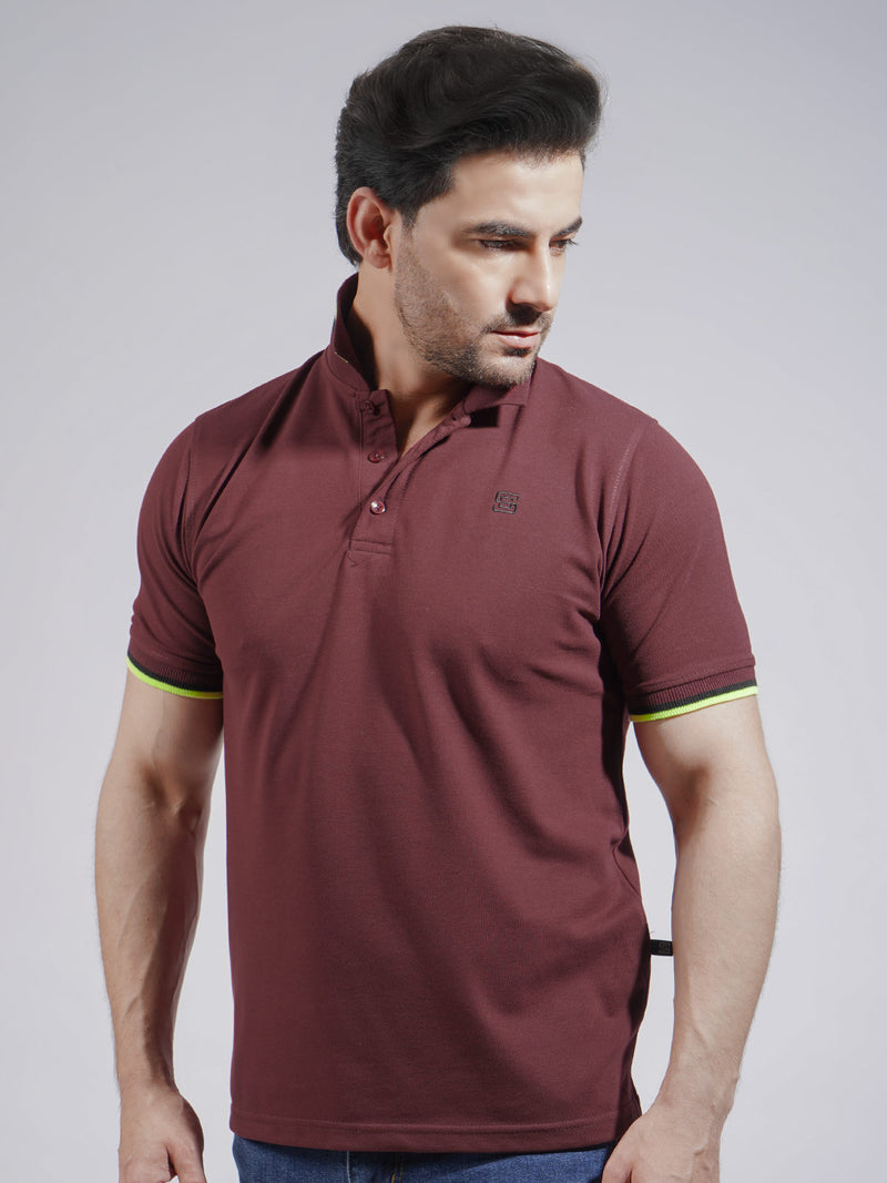 Maroon Plain Twin Contrast Half Sleeves Stretchable Cotton Polo T-Shirt (POLO-738)