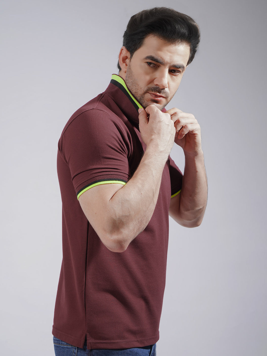 Maroon Plain Twin Contrast Half Sleeves Stretchable Cotton Polo T-Shirt (POLO-738)