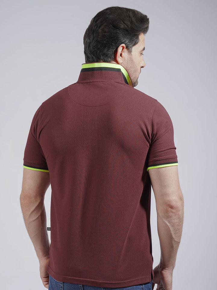 Maroon Plain Twin Contrast Half Sleeves Stretchable Cotton Polo T-Shirt (POLO-738)