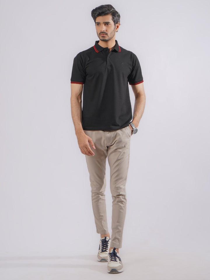 Black Plain Contrast Tipping Half Sleeves Polo T-Shirt (POLO-749)