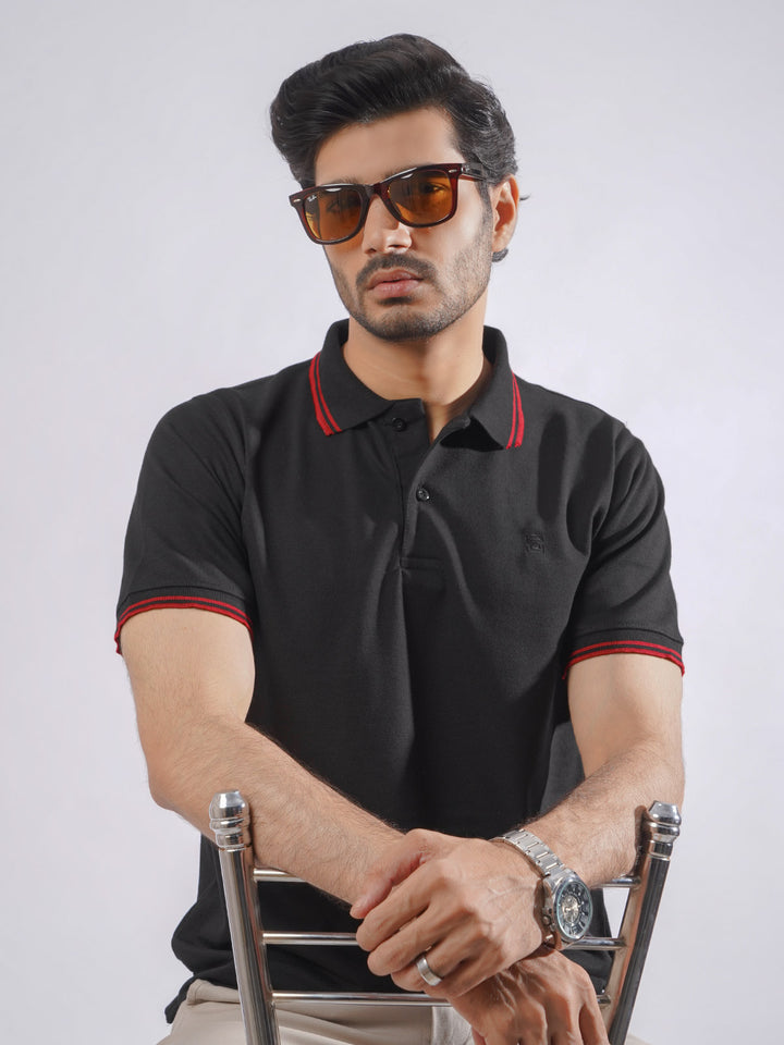 Black Plain Contrast Tipping Half Sleeves Polo T-Shirt (POLO-749)