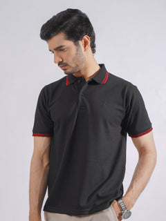 Black Plain Contrast Tipping Half Sleeves Polo T-Shirt (POLO-749)