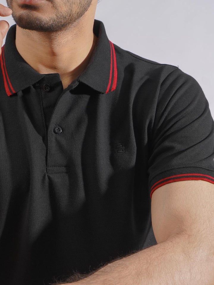 Black Plain Contrast Tipping Half Sleeves Polo T-Shirt (POLO-749)