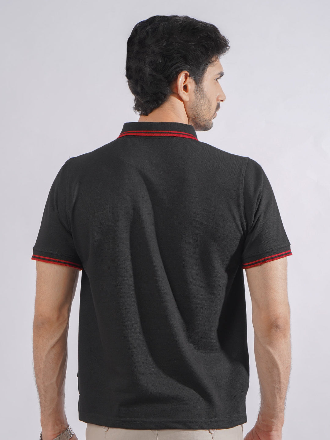 Black Plain Contrast Tipping Half Sleeves Polo T-Shirt (POLO-749)