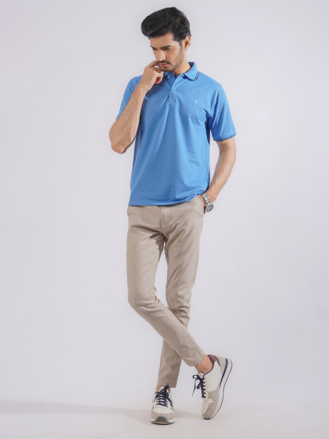 Blue Plain Contrast Tipping Half Sleeves Polo T-Shirt (POLO-750)