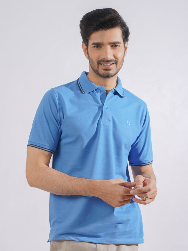 Blue Plain Contrast Tipping Half Sleeves Polo T-Shirt (POLO-750)