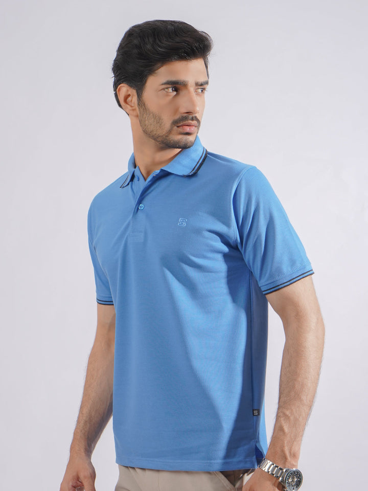 Blue Plain Contrast Tipping Half Sleeves Polo T-Shirt (POLO-750)