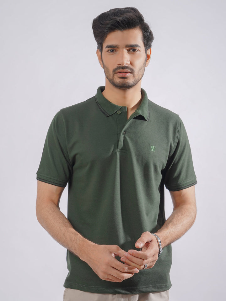 Dark Green Plain Contrast Tipping Half Sleeves Polo T-Shirt (POLO-751)