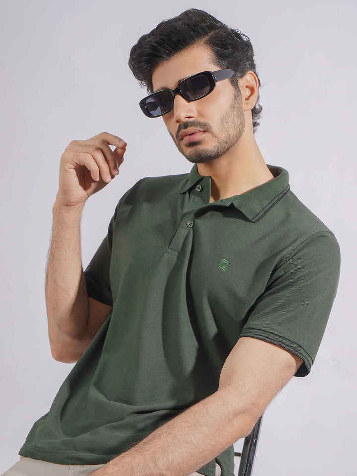 Dark Green Plain Contrast Tipping Half Sleeves Polo T-Shirt (POLO-751)