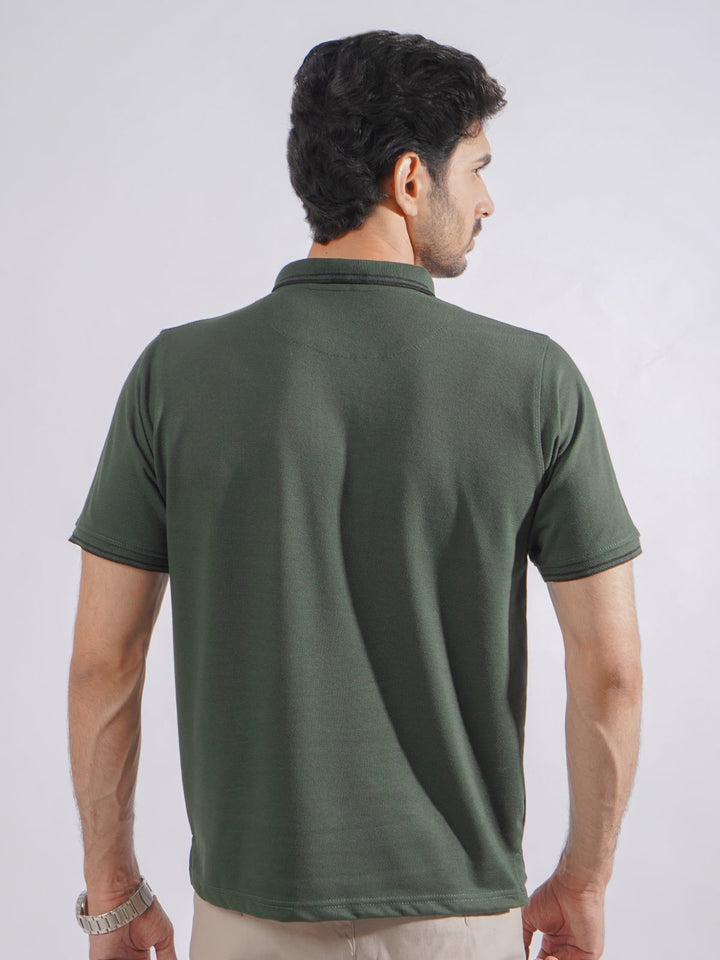 Dark Green Plain Contrast Tipping Half Sleeves Polo T-Shirt (POLO-751)