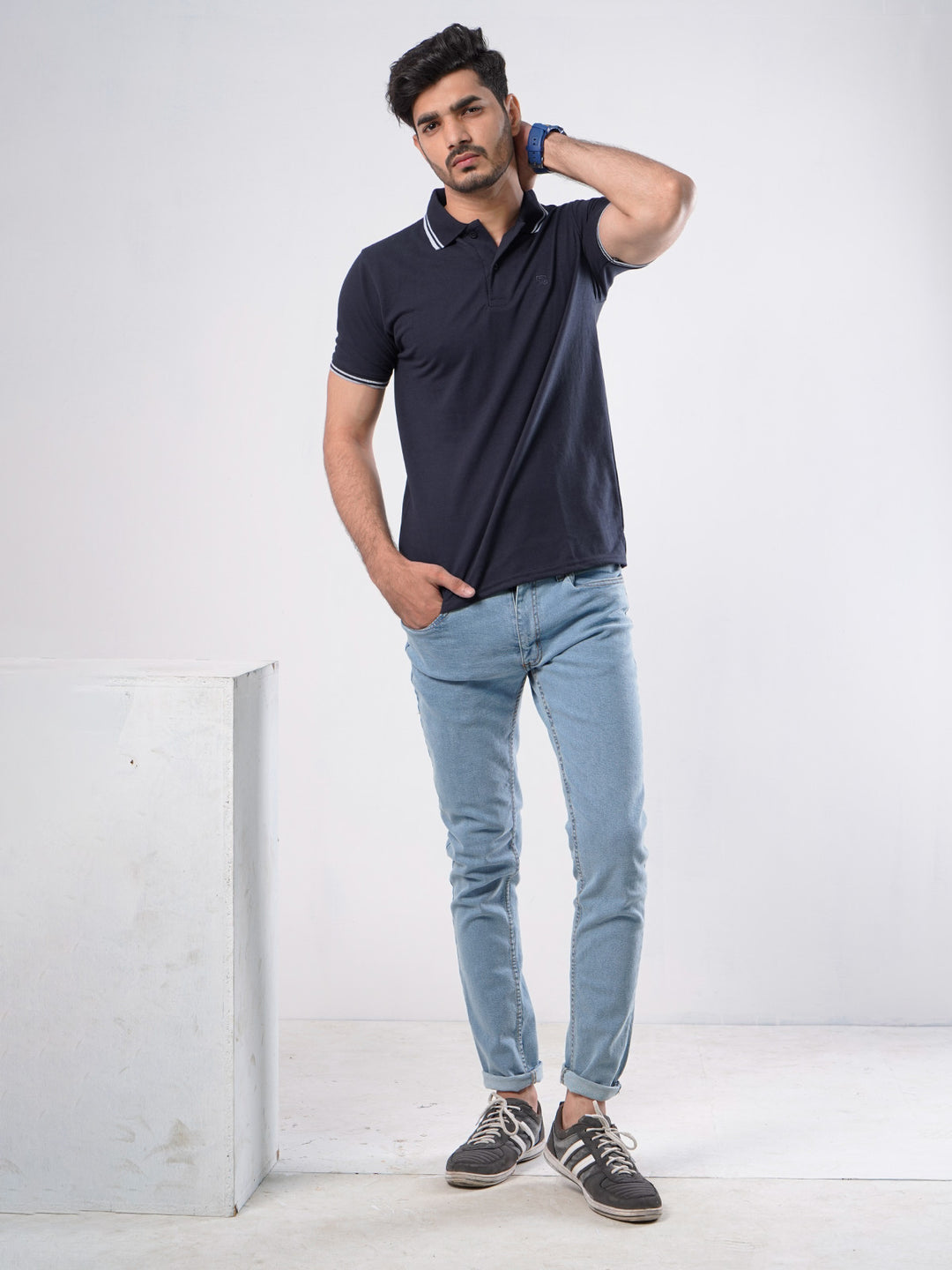 Navy Blue Plain Contrast Tipping Half Sleeves Polo T-Shirt (POLO-753)